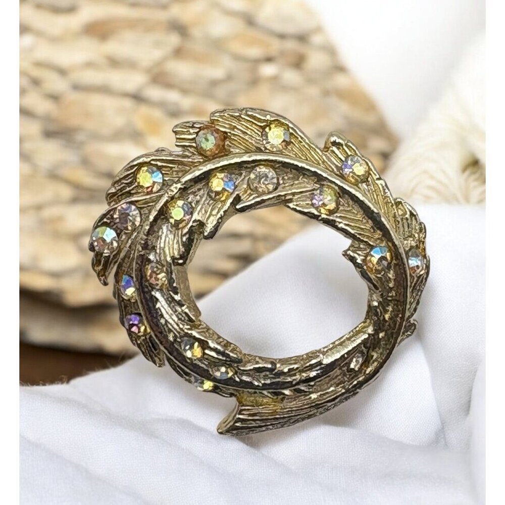 Vintage Circular Gold Tone Leaf Brooch Pin with Aurora Borealis Rhinestones
